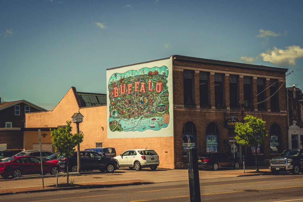 Brick building in Buffalo, New York painted with a colorful mural spelling out BUFFALO under a blue sky