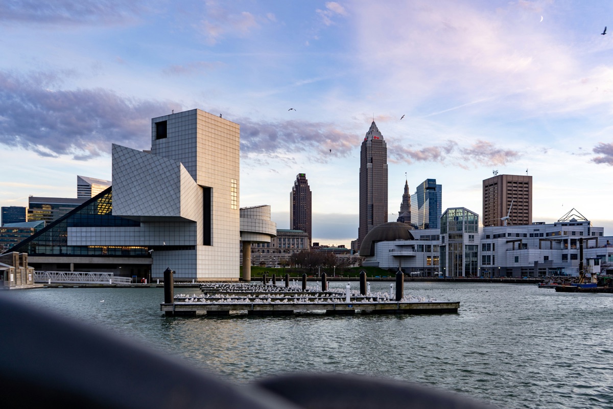 Cleveland skyline and lakefront with the Rock and Roll Hall of Fame at dusk