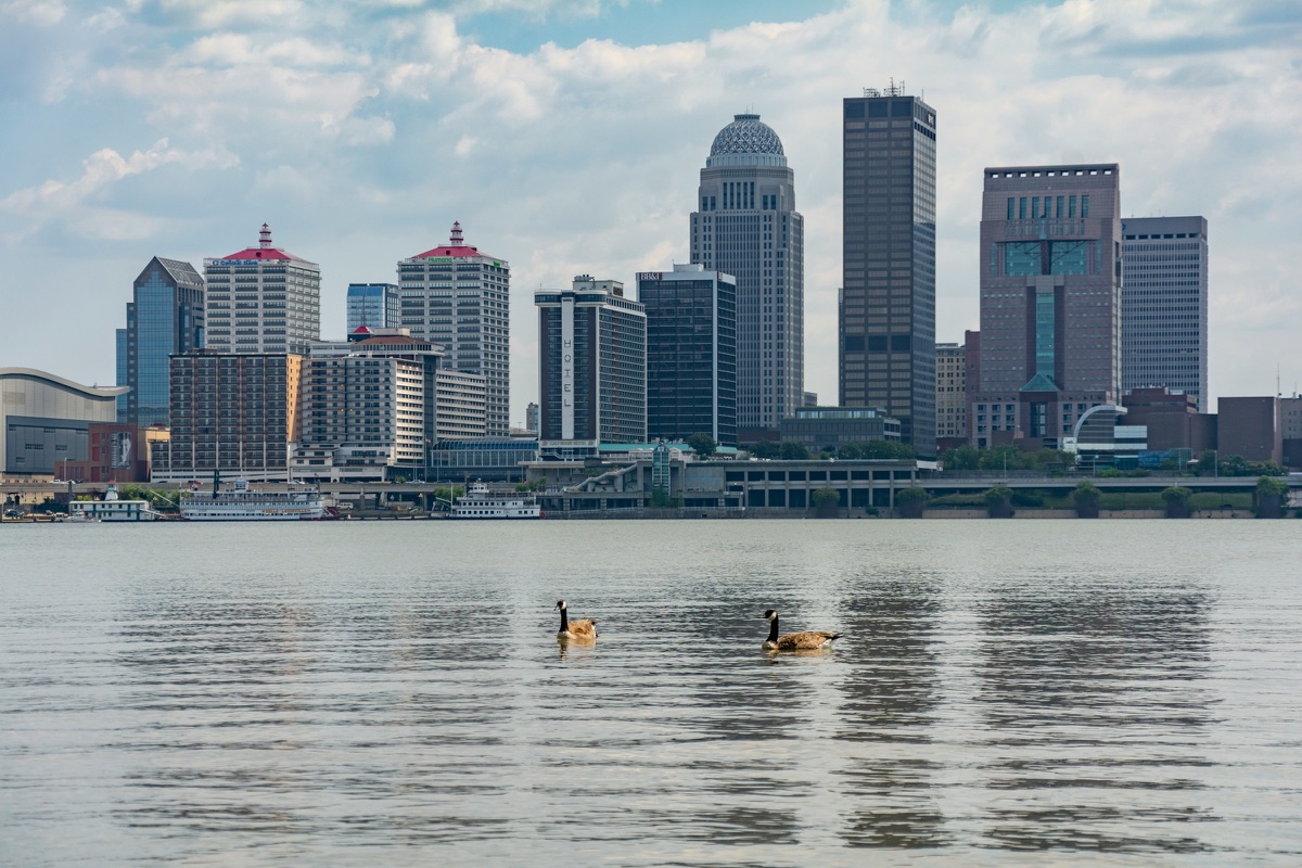 The downtown Louisville, Kentucky skyline seen across the Ohio River on a bright day, with the domed 400 West Market tower, riverboats along the waterfront, and two geese on the water
