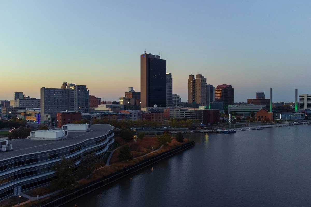 Downtown Toledo, Ohio skyline along the Maumee River at dusk