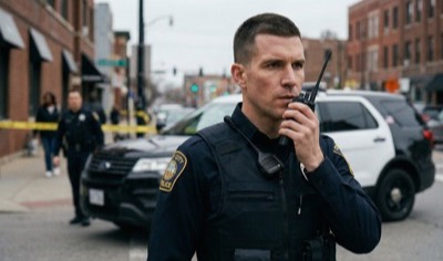 A police officer speaking into a handheld radio on a city street