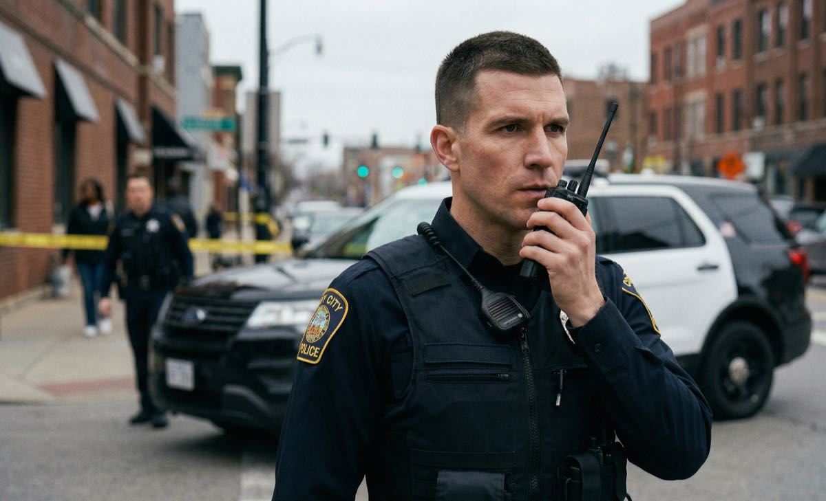 Police officer using a radio at a crime scene